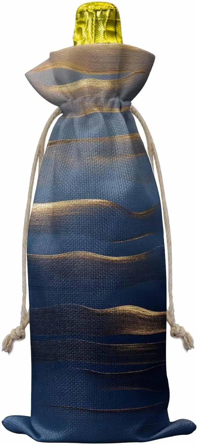 10 Pack Wine Bottle Bags, Navy Blue Wine Bottle Cover with Drawstring, Luxury Golden Modern Abstract Art Gift Bag for Champagne, Wedding, Birthday, Party