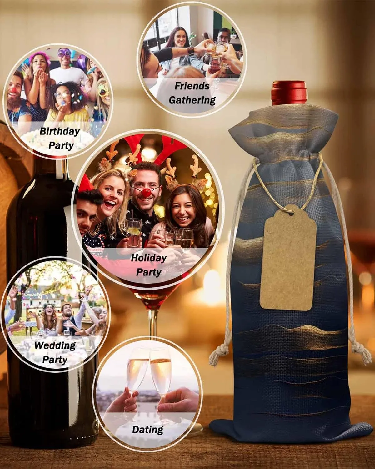 10 Pack Wine Bottle Bags, Navy Blue Wine Bottle Cover with Drawstring, Luxury Golden Modern Abstract Art Gift Bag for Champagne, Wedding, Birthday, Party