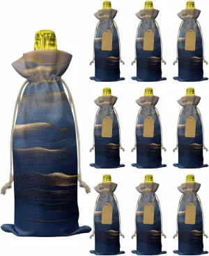 10 Pack Wine Bottle Bags, Navy Blue Wine Bottle Cover with Drawstring, Luxury Golden Modern Abstract Art Gift Bag for Champagne, Wedding, Birthday, Party