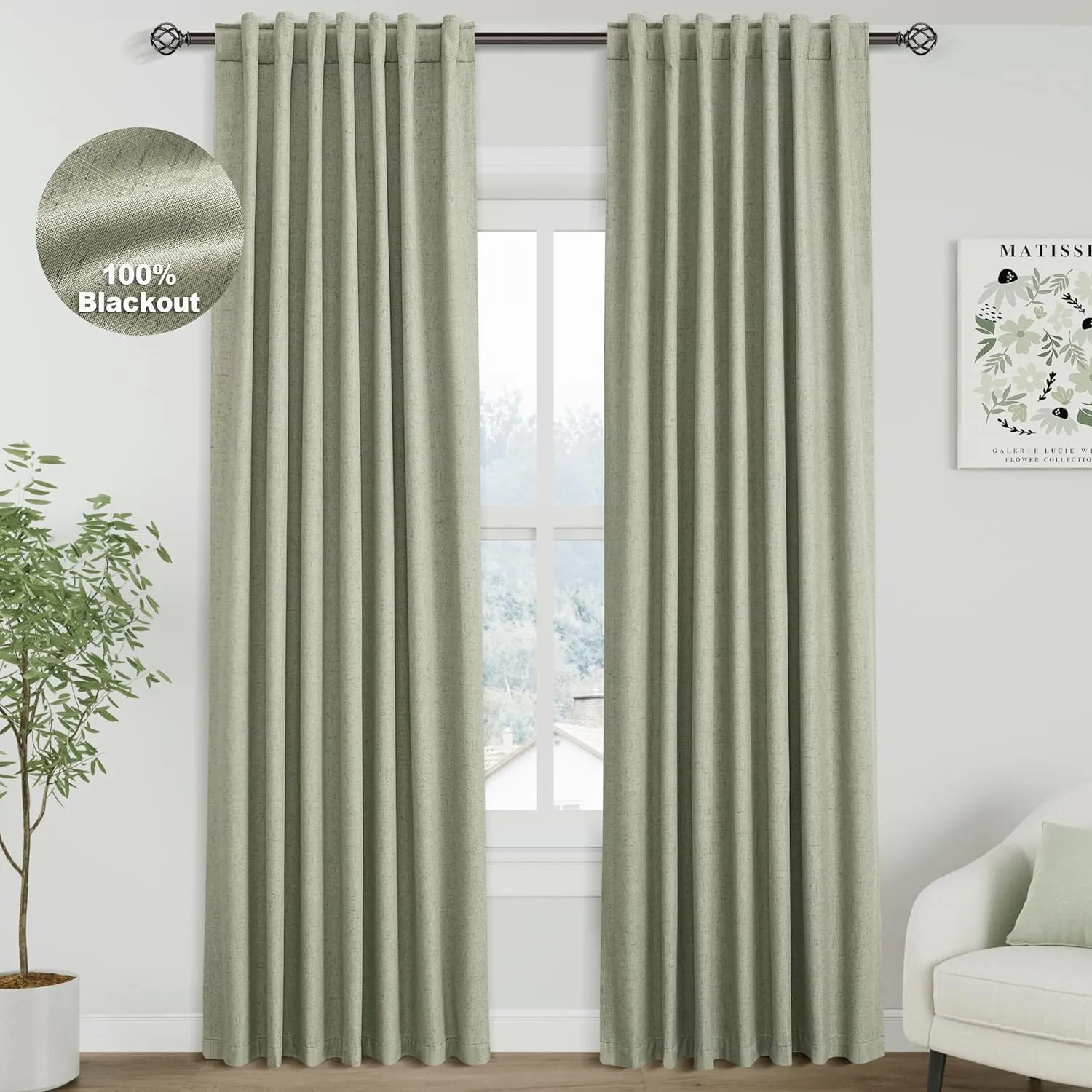 100% Blackout Linen Curtains 84 Inch Length 2 Panels Sage Green Light Blocking Darkening Living Room Curtains 84 Inches Long Elegant Modern Back Tab Pocket Noise Reducing Drapes for Nursery 52X84