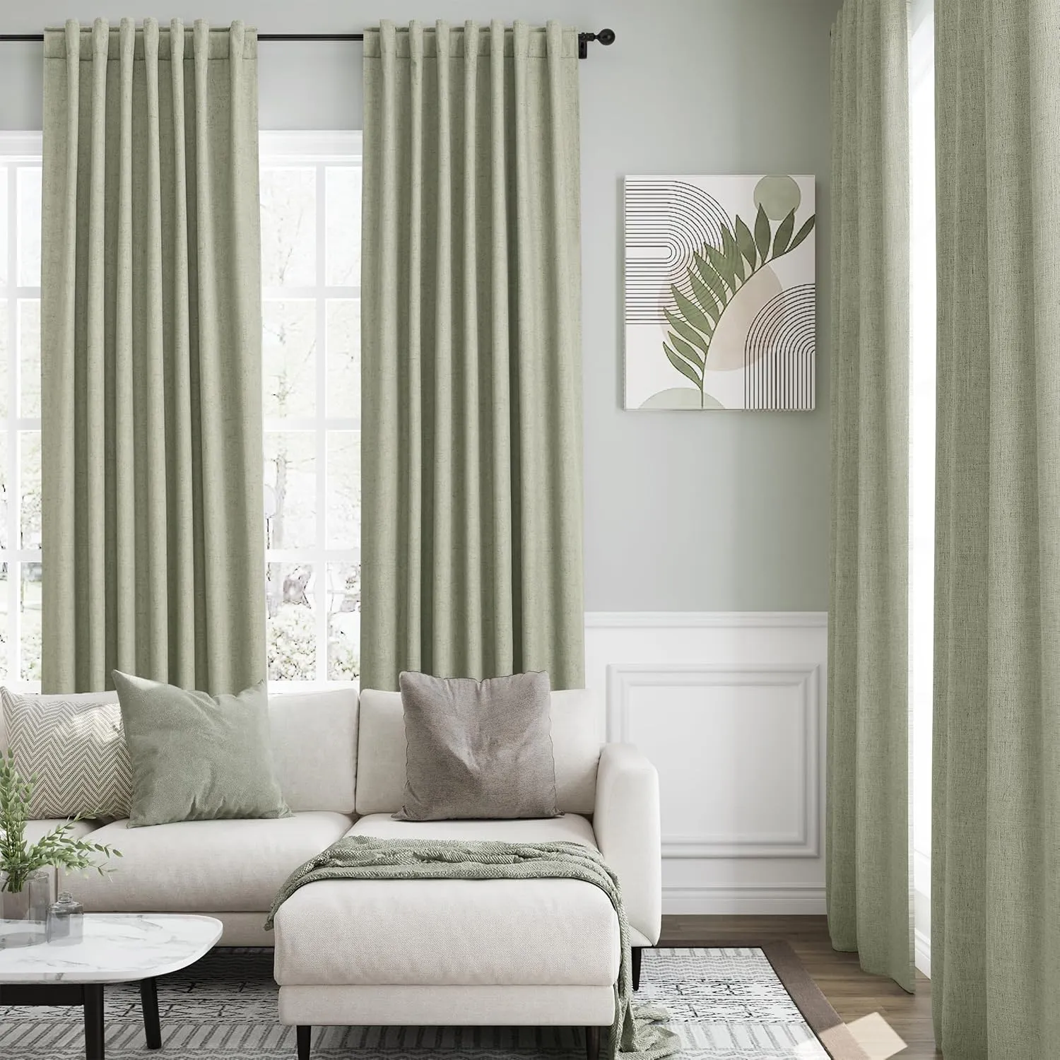100% Blackout Linen Curtains 84 Inch Length 2 Panels Sage Green Light Blocking Darkening Living Room Curtains 84 Inches Long Elegant Modern Back Tab Pocket Noise Reducing Drapes for Nursery 52X84