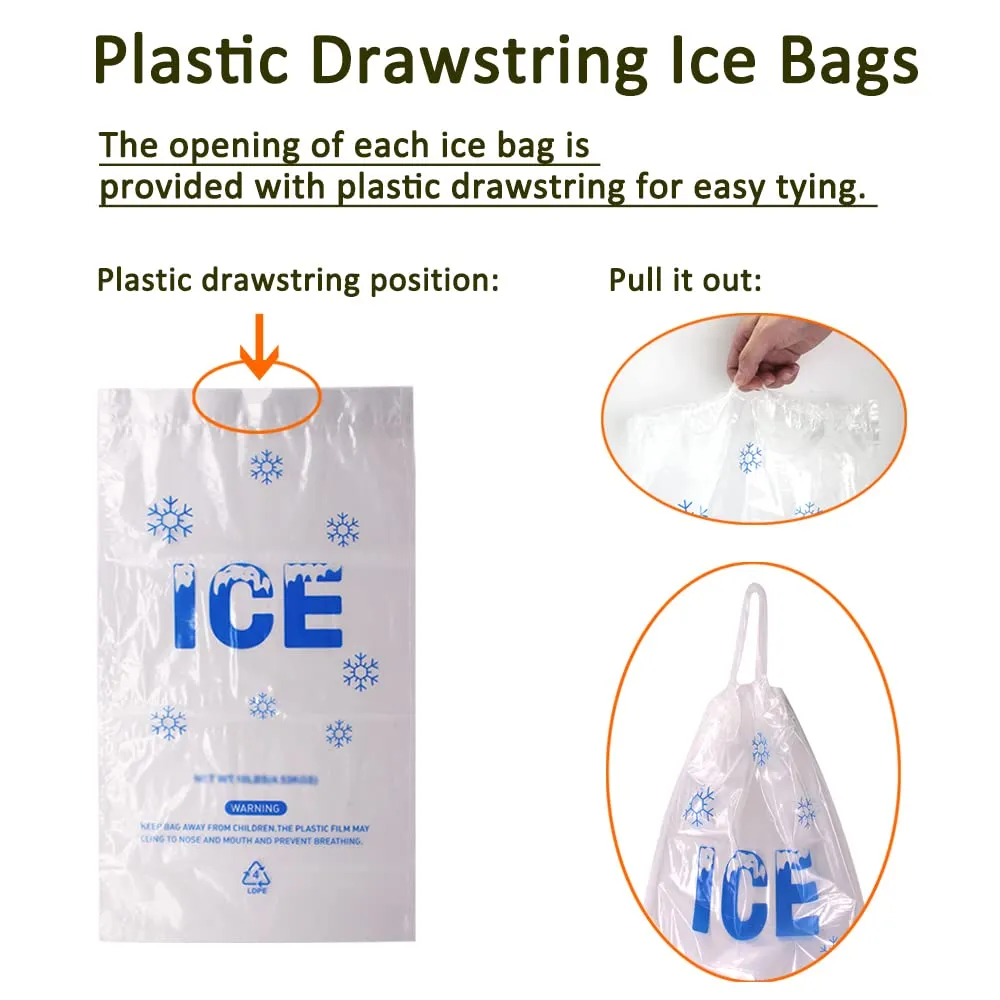 100 PACK 20 lb. Plastic Drawstring Ice Bags 14 x 28 Inch Heavy-Duty Ice Bags with Plastic Draw String (2.8mil Thickness)