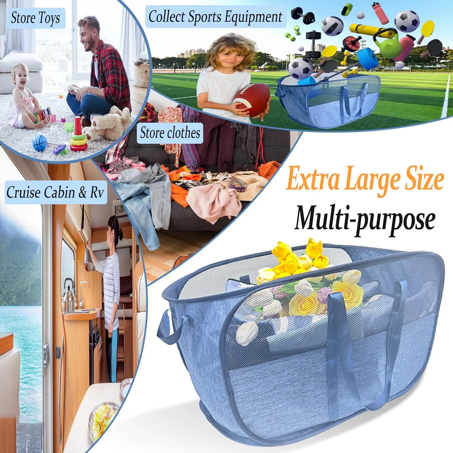100L Collapsible Laundry Baskets 2 Pack, Extra Large Mesh Pop Up Laundry Hamper, Dirty Clothes Hamper with Reinforced Handles, Folding Hampers for Travel. Dorm or Home Portable Laundry Baskets. Blue