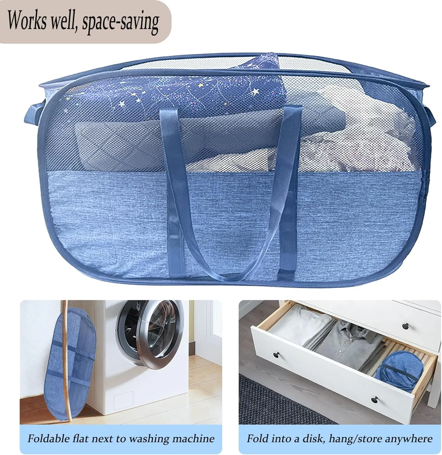 100L Collapsible Laundry Baskets 2 Pack, Extra Large Mesh Pop Up Laundry Hamper, Dirty Clothes Hamper with Reinforced Handles, Folding Hampers for Travel. Dorm or Home Portable Laundry Baskets. Blue