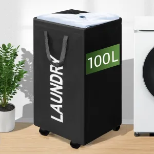 100L Large Laundry Basket with Wheels, 26 GAL Rolling Laundry Hamper with Handle, 30" Tall Rectangular Laundry Basket for Corner, Collapsible and Foldable, (Black)