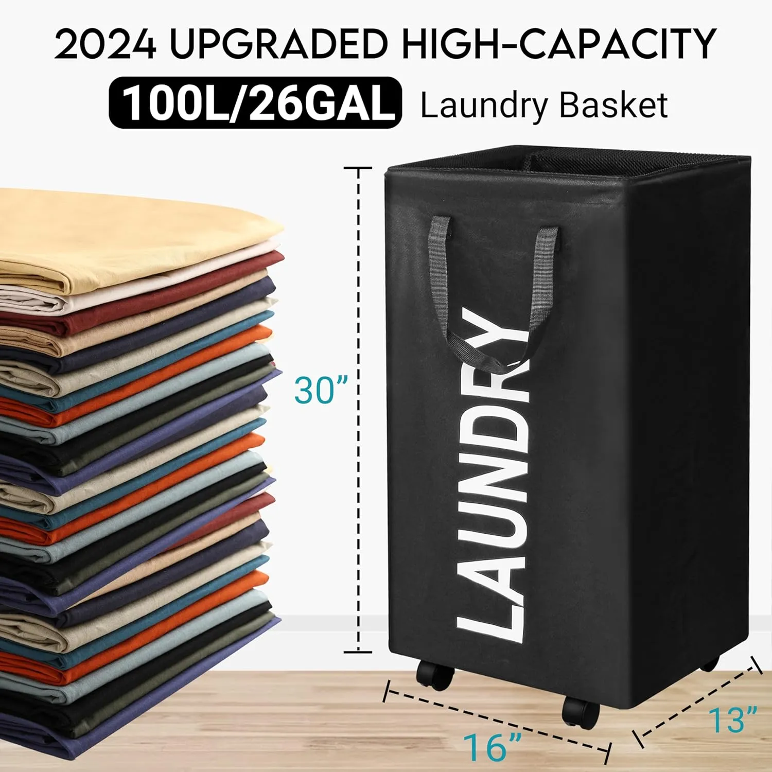 100L Large Laundry Basket with Wheels, 26 GAL Rolling Laundry Hamper with Handle, 30" Tall Rectangular Laundry Basket for Corner, Collapsible and Foldable, (Black)