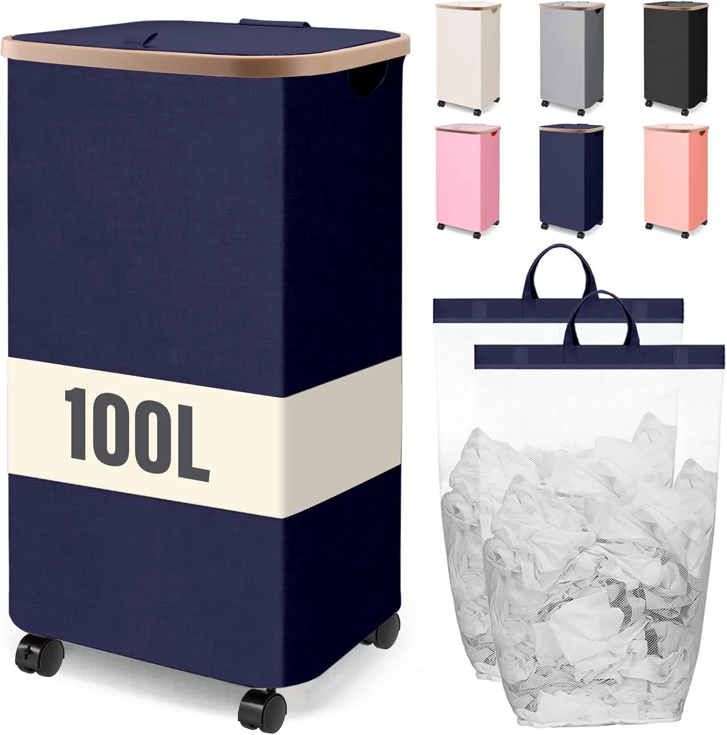 100L Laundry Hamper With Wheels,Large Collapsible Rolling Laundry Basket,Dirty Clothes Hamper With Lid in Laundry Room Bedroom Bathroom College Dorm for Adults,Blue