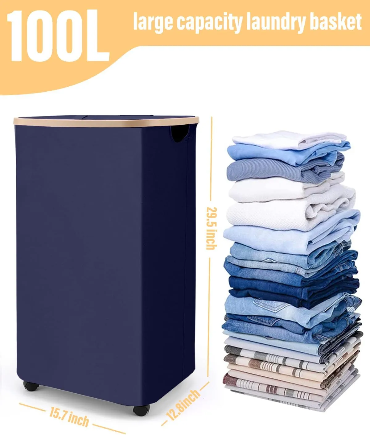 100L Laundry Hamper With Wheels,Large Collapsible Rolling Laundry Basket,Dirty Clothes Hamper With Lid in Laundry Room Bedroom Bathroom College Dorm for Adults,Blue