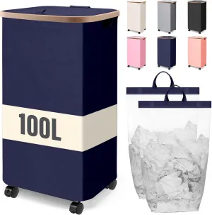 100L Laundry Hamper With Wheels,Large Collapsible Rolling Laundry Basket,Dirty Clothes Hamper With Lid in Laundry Room Bedroom Bathroom College Dorm for Adults,Blue