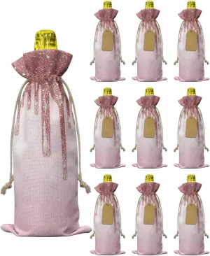 10pcs Linen Burlap Wine Bags with Drawstring Pink Drips Wine Gift Bag with Tags Reusable Wines Bottle Gift Bags for Christmas Birthday Tasting Party Supplies Abstract Art Modern Glowing Droplet