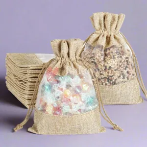 10x14 CM Natural | Jute Potli Window Bag | Gift Return Gifts Bags | Drawstring Bags