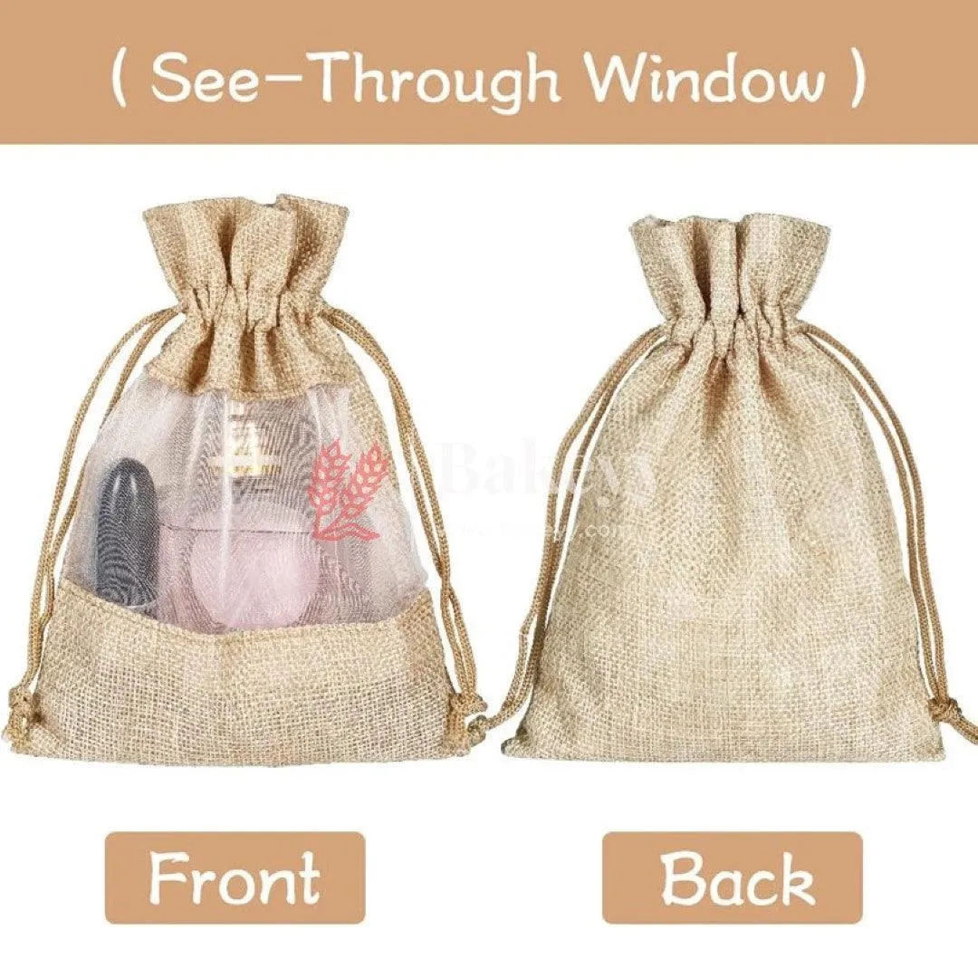 10x14 CM Natural | Jute Potli Window Bag | Gift Return Gifts Bags | Drawstring Bags