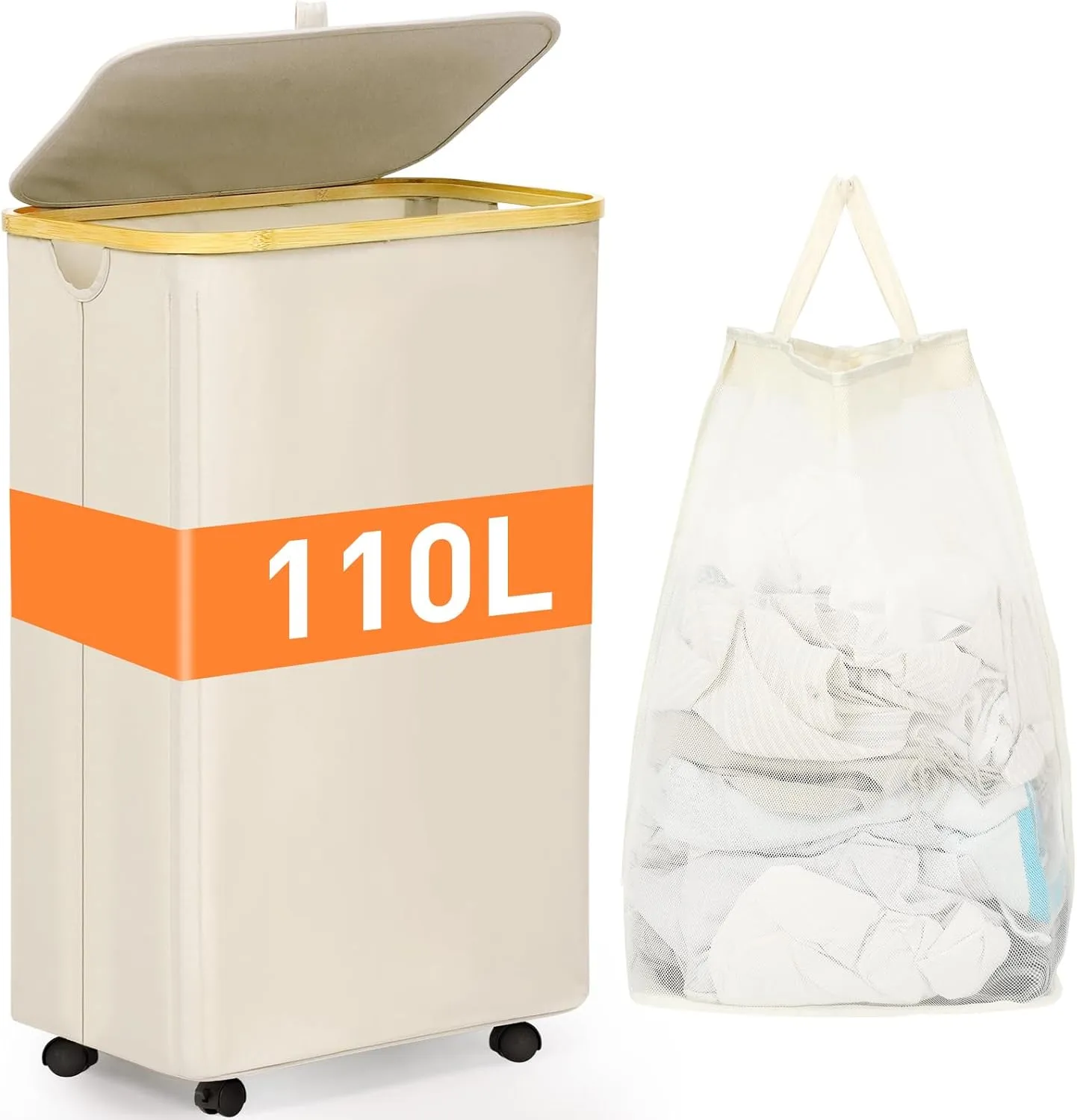 110L Rolling Laundry Basket with Wheels and Lid, 29 Gal Laundry Hamper with Wheels and Removable Mesh Bag, Large Laundry Basket on Wheels for Bedroom, Dorm, White
