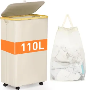 110L Rolling Laundry Basket with Wheels and Lid, 29 Gal Laundry Hamper with Wheels and Removable Mesh Bag, Large Laundry Basket on Wheels for Bedroom, Dorm, White