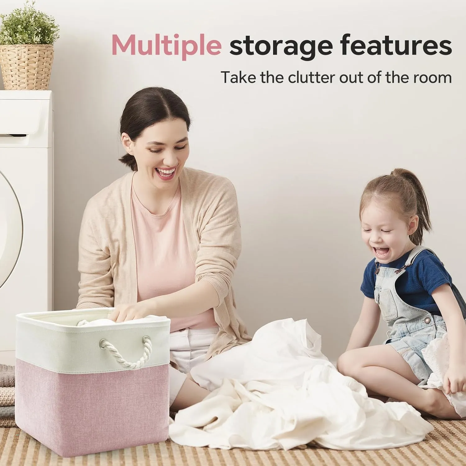 13x13 Inch Cube Storage Bins with Reinforced Bottom Cardboard, 6 Pack Large Collapsible Fabric Storage Cubes with Handles for Shelf, Closet, Toy, Laundry Organization (White&Pink)