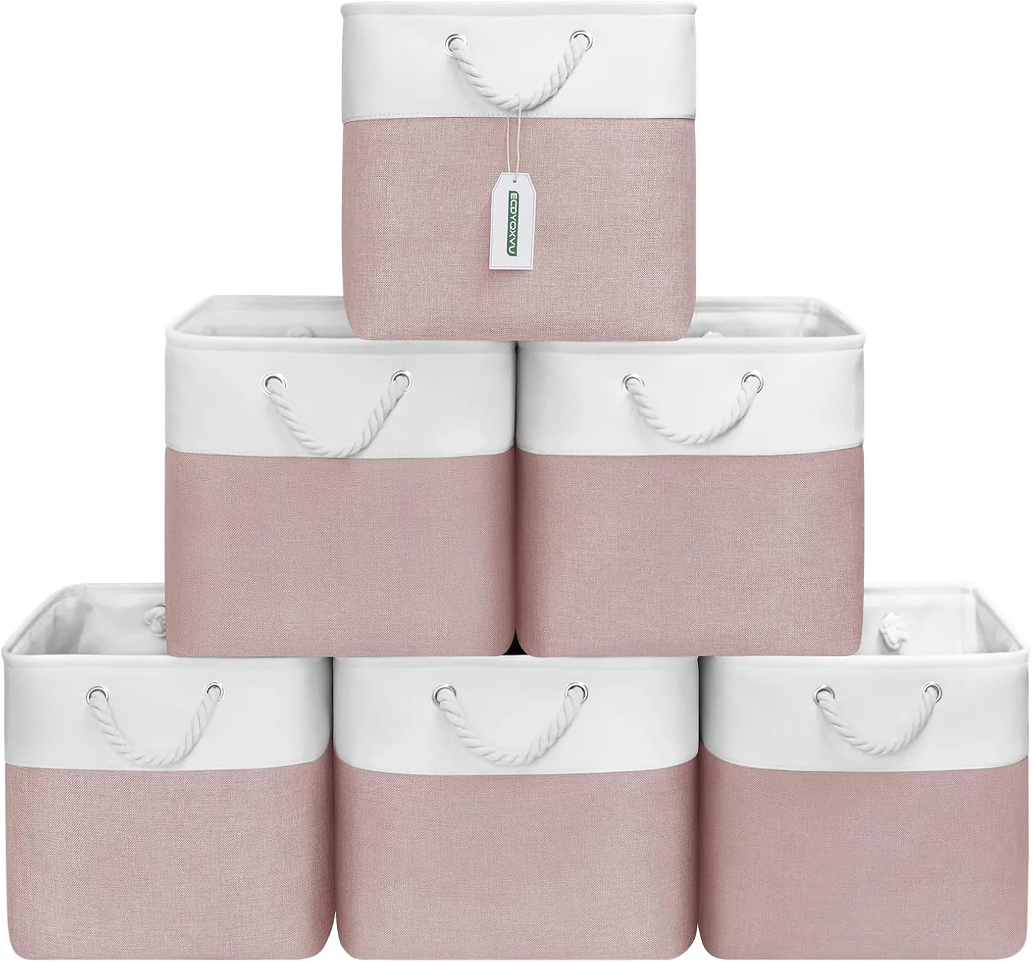 13x13 Inch Cube Storage Bins with Reinforced Bottom Cardboard, 6 Pack Large Collapsible Fabric Storage Cubes with Handles for Shelf, Closet, Toy, Laundry Organization (White&Pink)