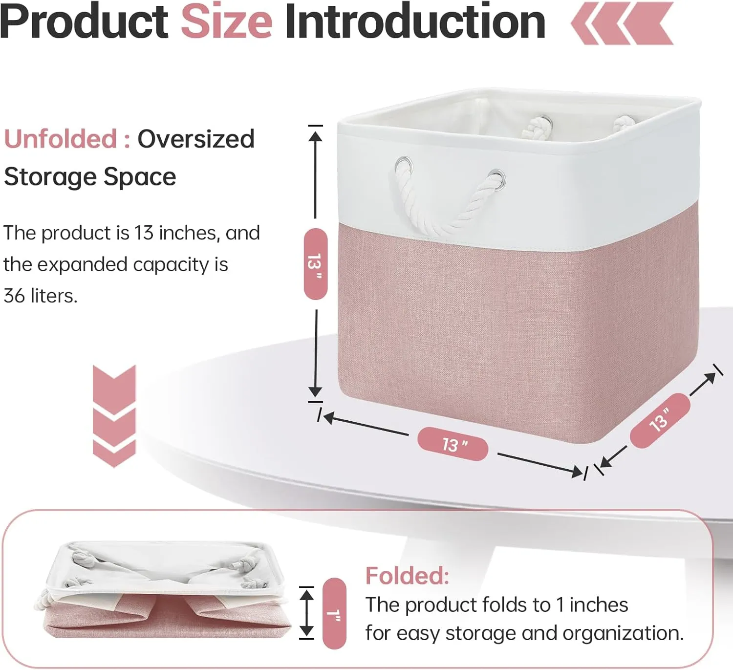 13x13 Inch Cube Storage Bins with Reinforced Bottom Cardboard, 6 Pack Large Collapsible Fabric Storage Cubes with Handles for Shelf, Closet, Toy, Laundry Organization (White&Pink)