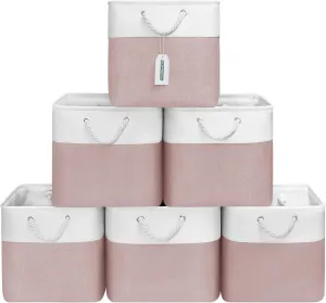 13x13 Inch Cube Storage Bins with Reinforced Bottom Cardboard, 6 Pack Large Collapsible Fabric Storage Cubes with Handles for Shelf, Closet, Toy, Laundry Organization (White&Pink)