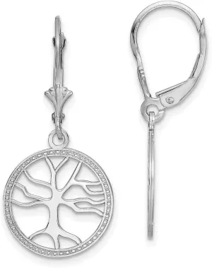 14k White Gold Tree Of Life In Round Frame Leverback Earrings Cut o 32.5x15mm Wide - Jewelry Gift for Mom