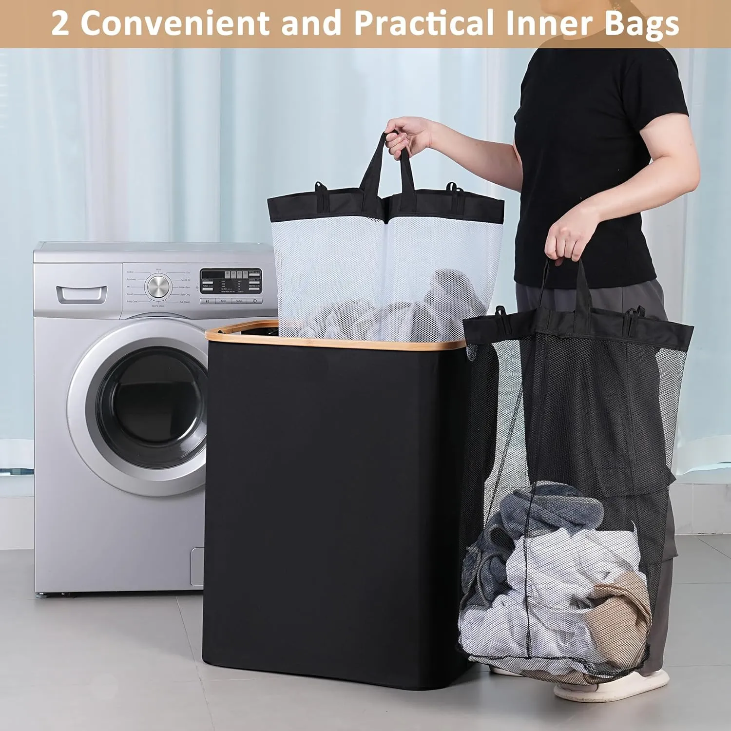 150L Laundry Basket with Lid,Large Laundry Hamper with Bamboo Handles, Hampers for Laundry, Dirty Clothes Hamper with 2 Removable Inner Bags for Clothes Toys Towels,Black