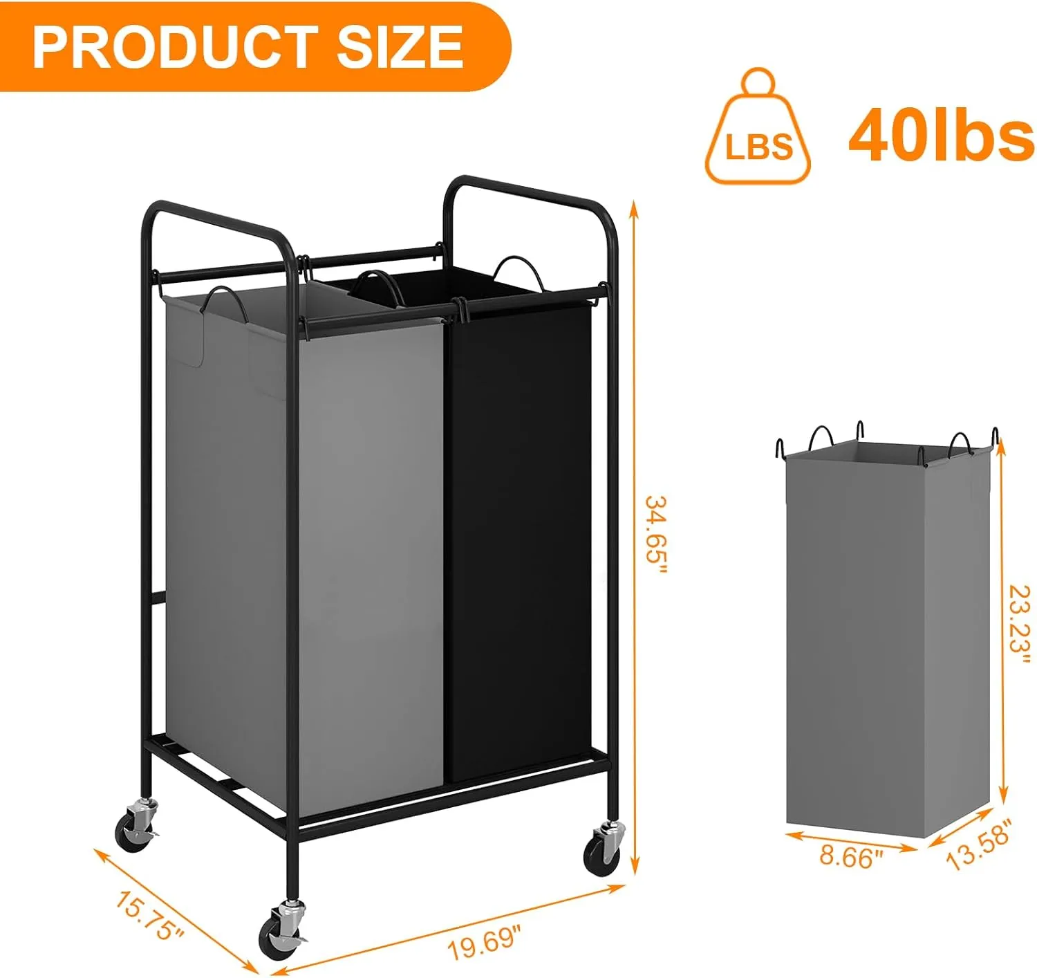 2-Bag Laundry Sorter Cart, 80L Rolling Laundry Hamper with Lockable Wheels, 2 Section Large Laundry Basket Organizer for Dirty Clothes, Toys Storage Laundry Cart
