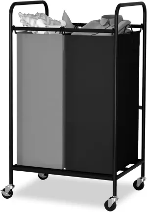 2-Bag Laundry Sorter Cart, 80L Rolling Laundry Hamper with Lockable Wheels, 2 Section Large Laundry Basket Organizer for Dirty Clothes, Toys Storage Laundry Cart