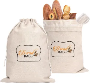 2 Bread Bags for Homemade and Sourdough Bread, Reusable Cotton Cloth Bags with Plastic Liner and Drawstring, Reusable Food Storage, (2 pack) - 17" x 13" XL
