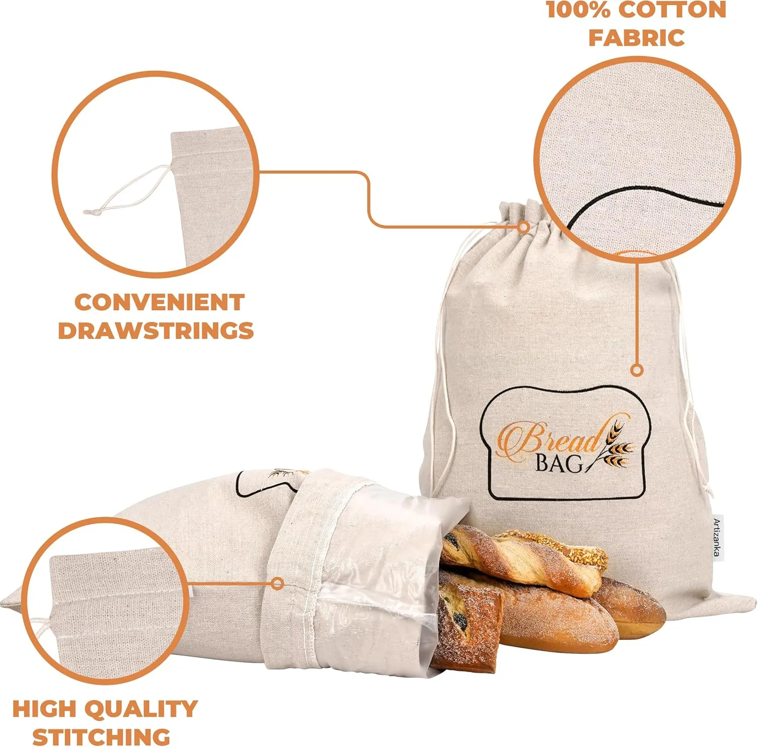 2 Bread Bags for Homemade and Sourdough Bread, Reusable Cotton Cloth Bags with Plastic Liner and Drawstring, Reusable Food Storage, (2 pack) - 17" x 13" XL