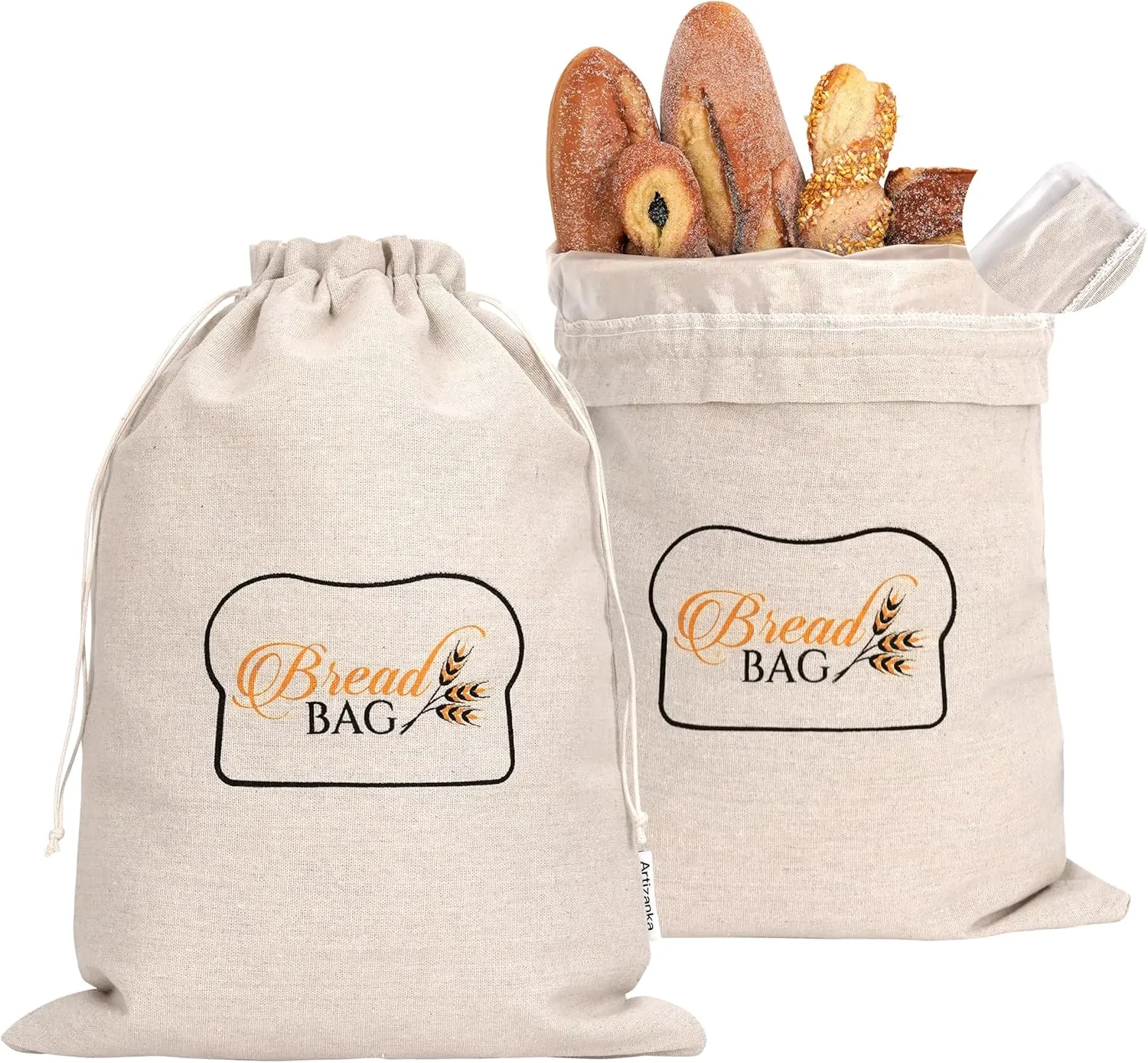 2 Bread Bags for Homemade and Sourdough Bread, Reusable Cotton Cloth Bags with Plastic Liner and Drawstring, Reusable Food Storage, (2 pack) - 17" x 13" XL