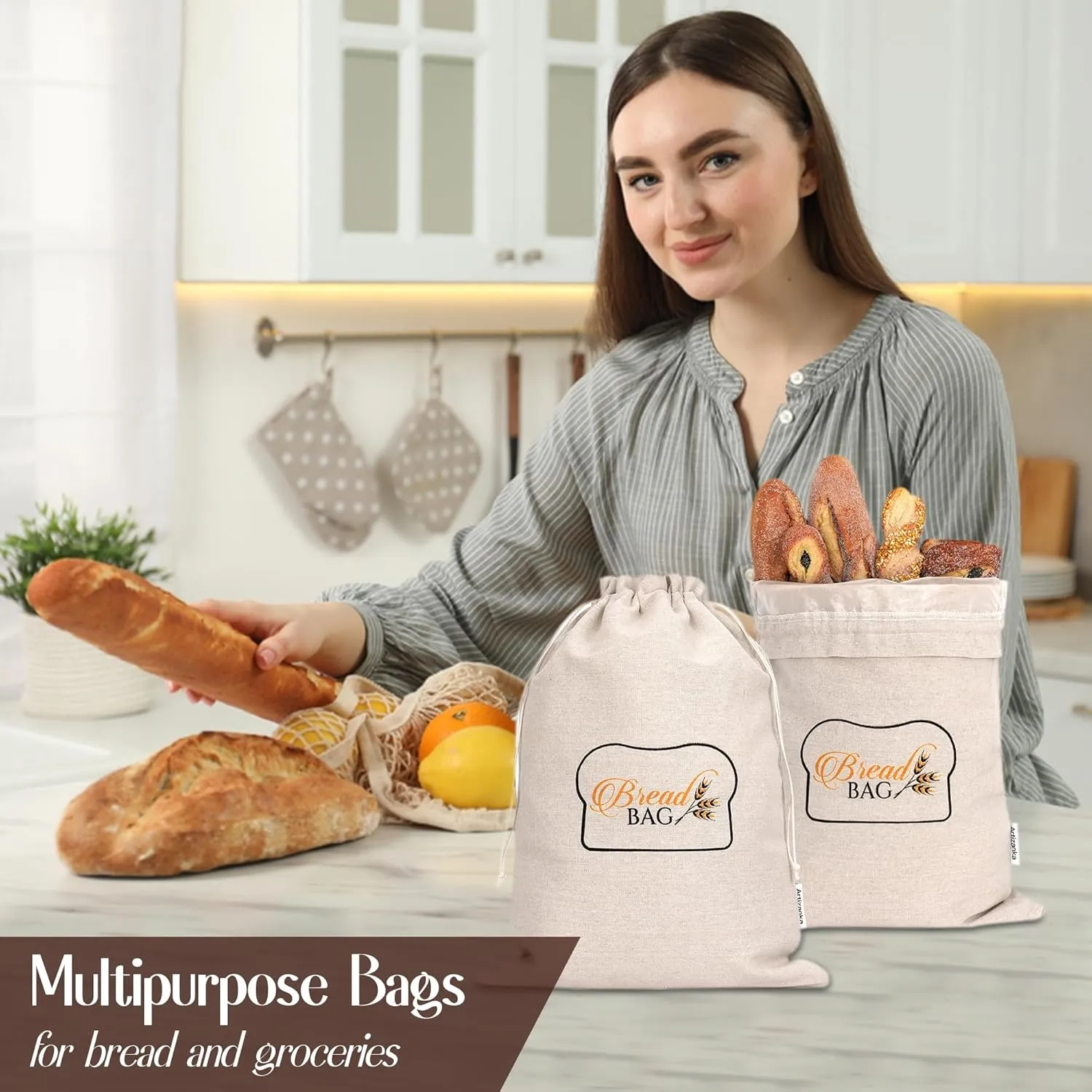 2 Bread Bags for Homemade and Sourdough Bread, Reusable Cotton Cloth Bags with Plastic Liner and Drawstring, Reusable Food Storage, (2 pack) - 17" x 13" XL