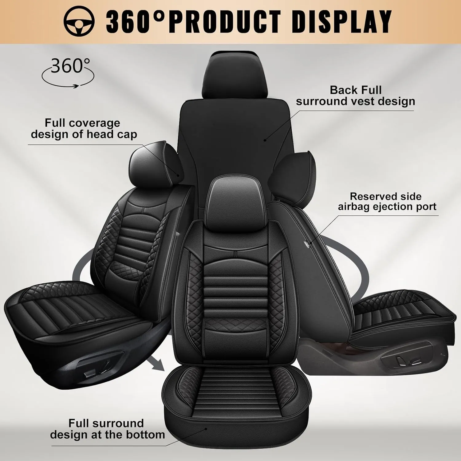 2 Front Car Seat Covers Fit for Chevrolet Suburban 2009-2024 2025 Waterproof Faux Leather Car Seat Cushion Protector Compatible Airbag Black