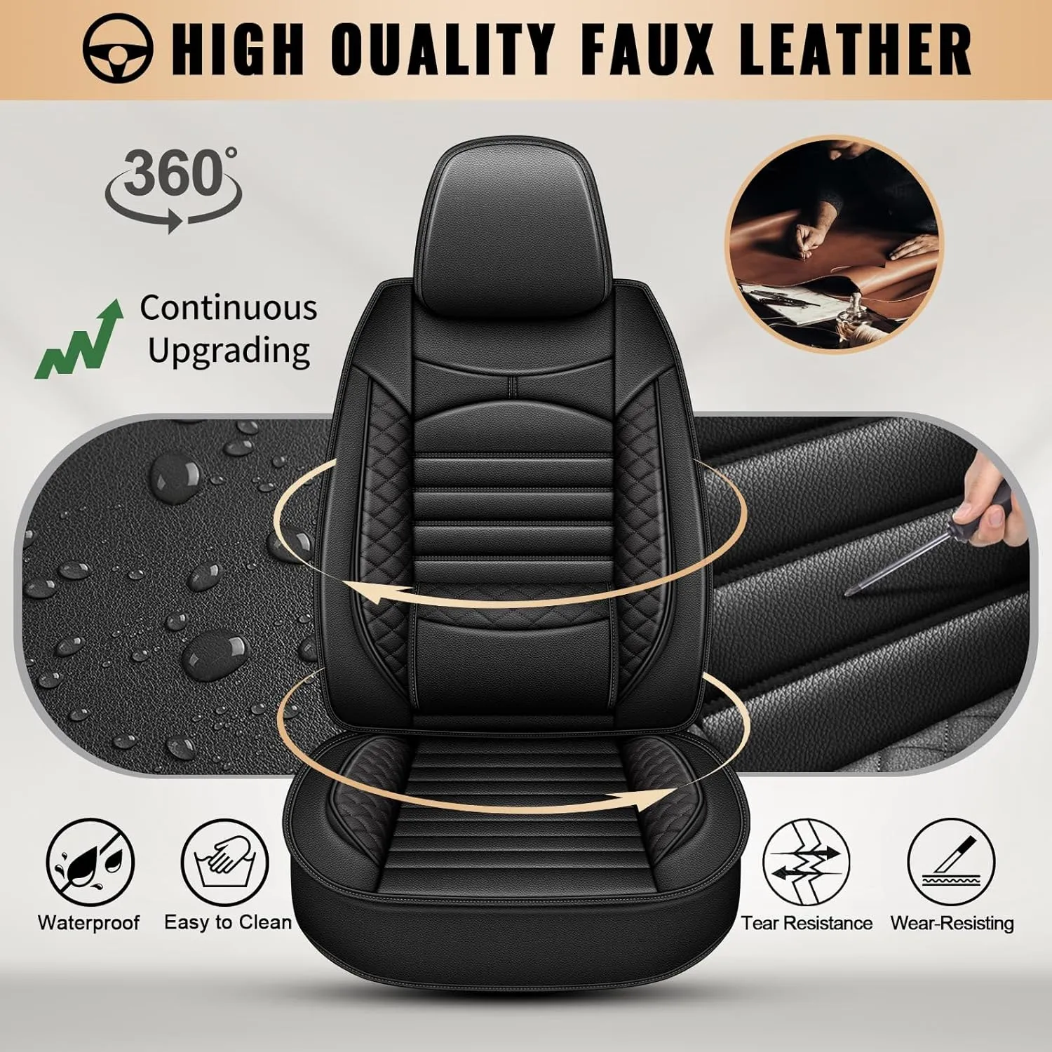 2 Front Car Seat Covers Fit for Chevrolet Suburban 2009-2024 2025 Waterproof Faux Leather Car Seat Cushion Protector Compatible Airbag Black