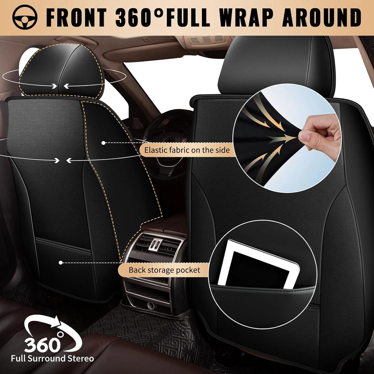 2 Front Car Seat Covers Fit for Chevrolet Suburban 2009-2024 2025 Waterproof Faux Leather Car Seat Cushion Protector Compatible Airbag Black