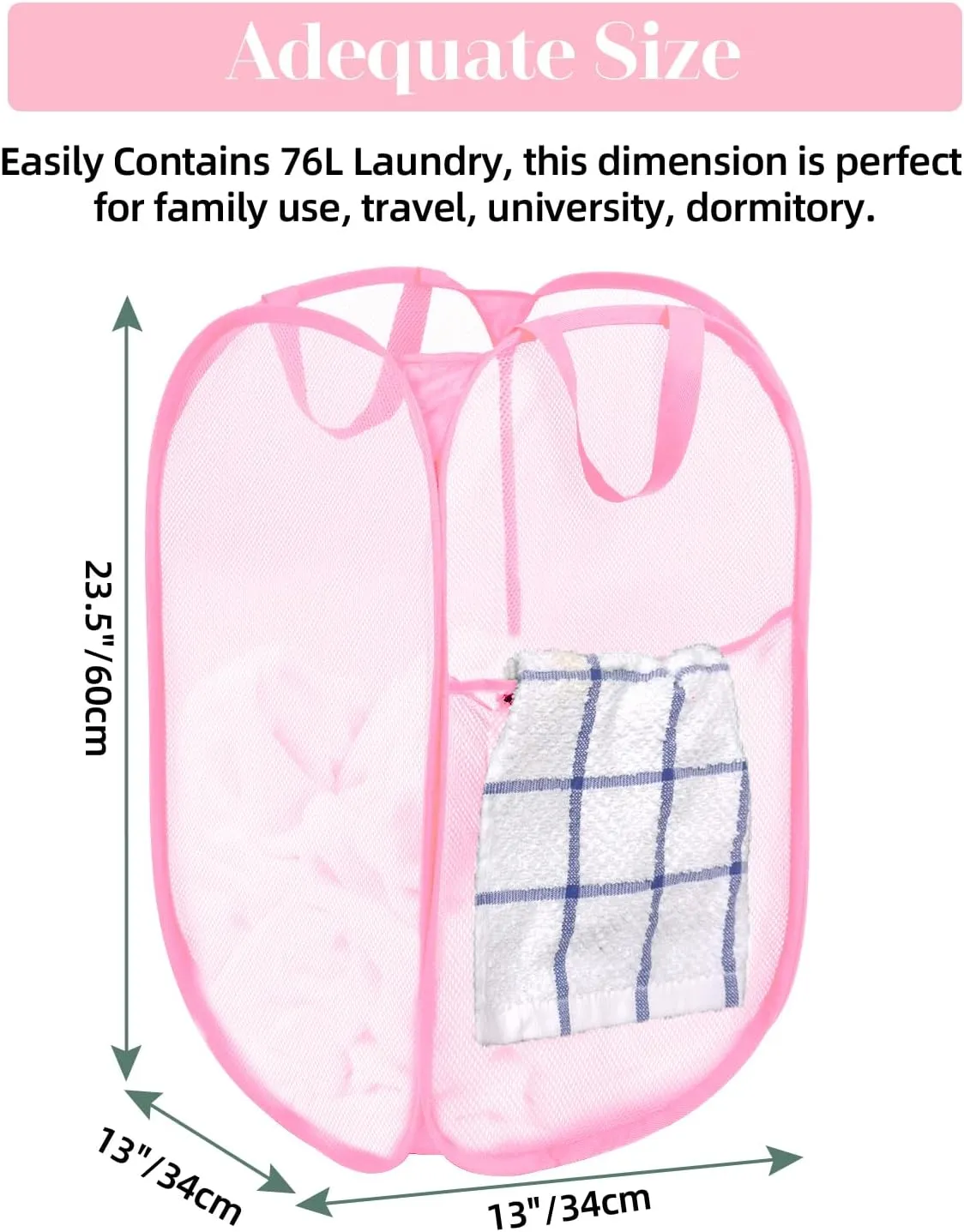 2 Pack Durable Collapsible Laundry Baskets - Reinforced Mesh Pop Up Laundry Hamper with Pocket, Foldable Dirty Clothes Hamper with Carry Handles for Laundry, Bathroom, Kids Room, Dorm or Travel Pink