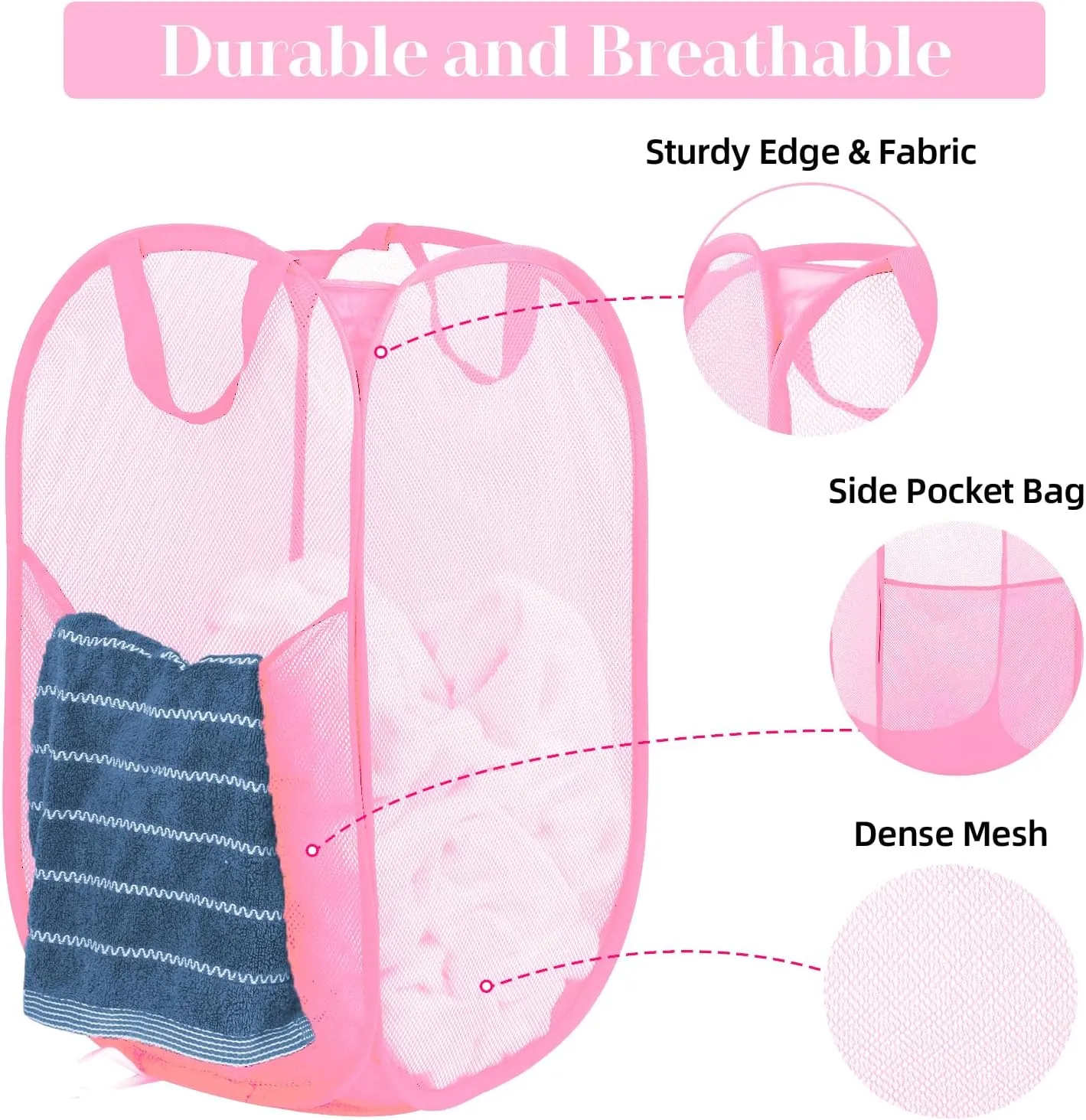 2 Pack Durable Collapsible Laundry Baskets - Reinforced Mesh Pop Up Laundry Hamper with Pocket, Foldable Dirty Clothes Hamper with Carry Handles for Laundry, Bathroom, Kids Room, Dorm or Travel Pink