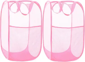 2 Pack Durable Collapsible Laundry Baskets - Reinforced Mesh Pop Up Laundry Hamper with Pocket, Foldable Dirty Clothes Hamper with Carry Handles for Laundry, Bathroom, Kids Room, Dorm or Travel Pink