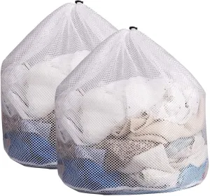2 Pack White Mesh Laundry Bags, 31" X 24" Sturdy Drawstring Net Bag Heavy Duty,