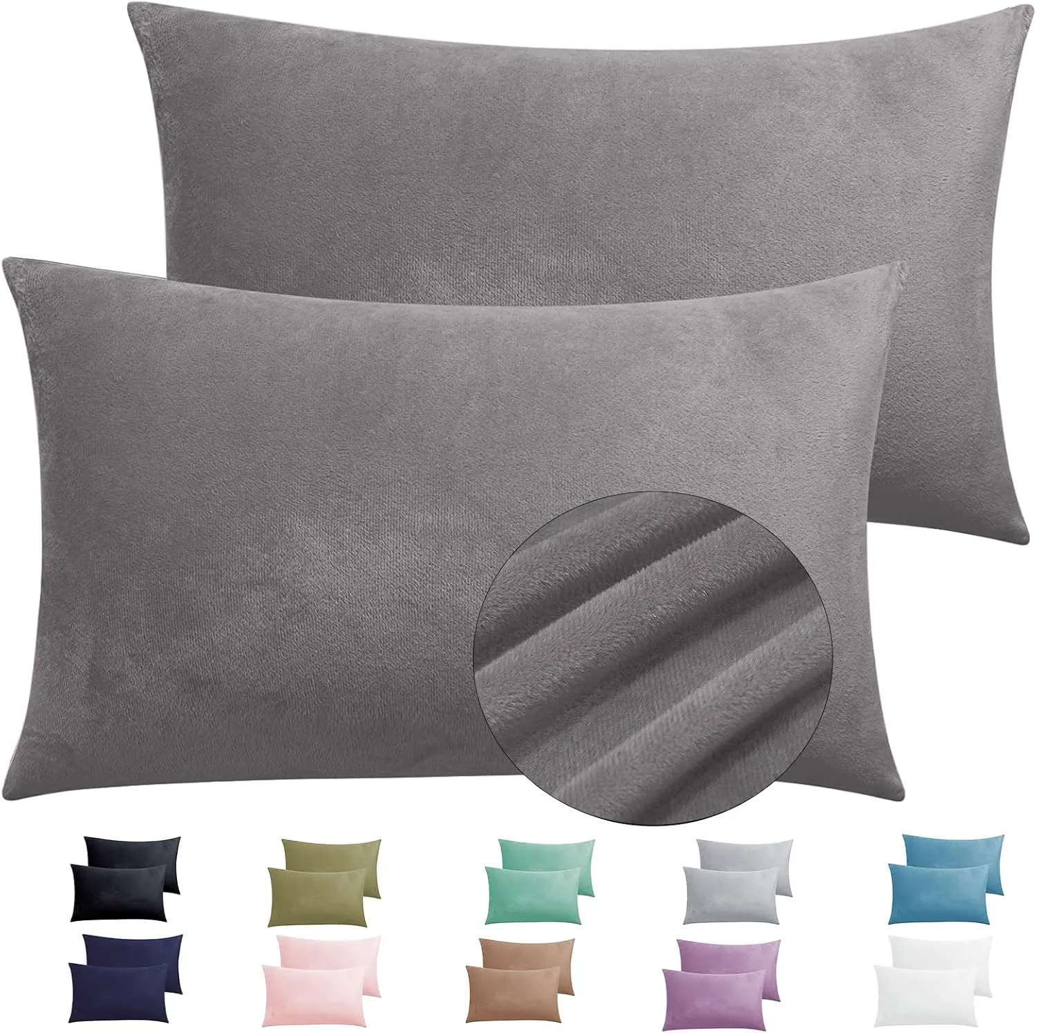 2 Pack Zippered Velvet Standard Pillowcases, Super Soft and Cozy Luxury Fuzzy Flannel Pillow Cases with Zipper, 20x26 Inches, Dark Grey