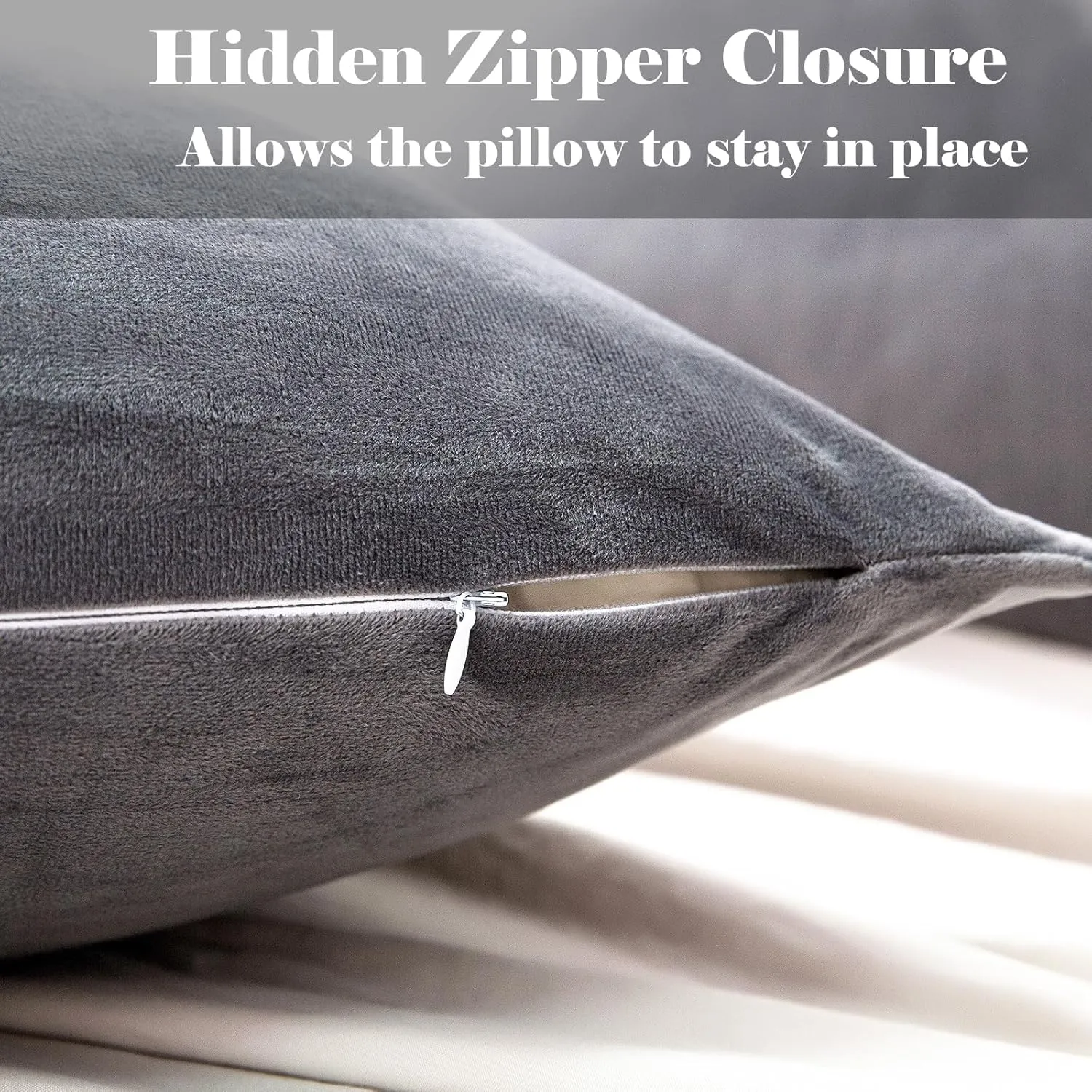 2 Pack Zippered Velvet Standard Pillowcases, Super Soft and Cozy Luxury Fuzzy Flannel Pillow Cases with Zipper, 20x26 Inches, Dark Grey
