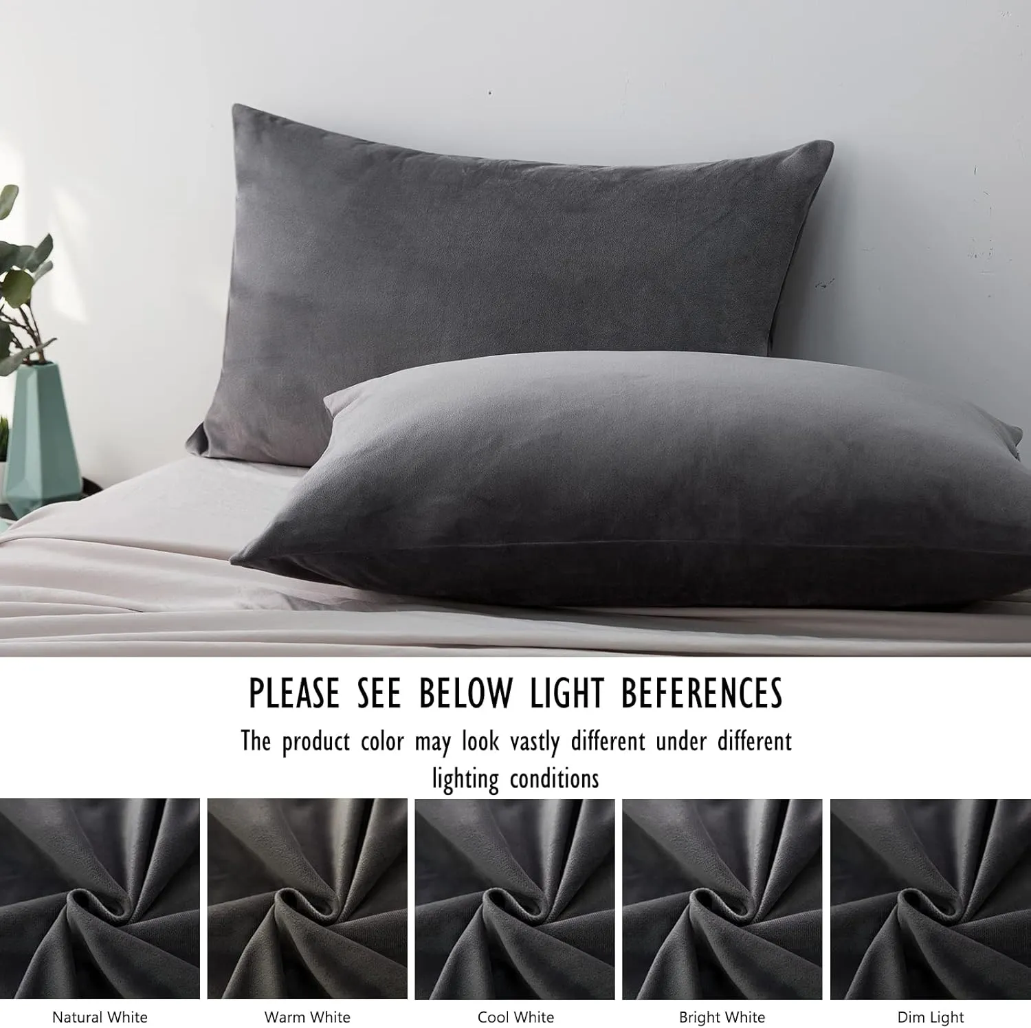 2 Pack Zippered Velvet Standard Pillowcases, Super Soft and Cozy Luxury Fuzzy Flannel Pillow Cases with Zipper, 20x26 Inches, Dark Grey