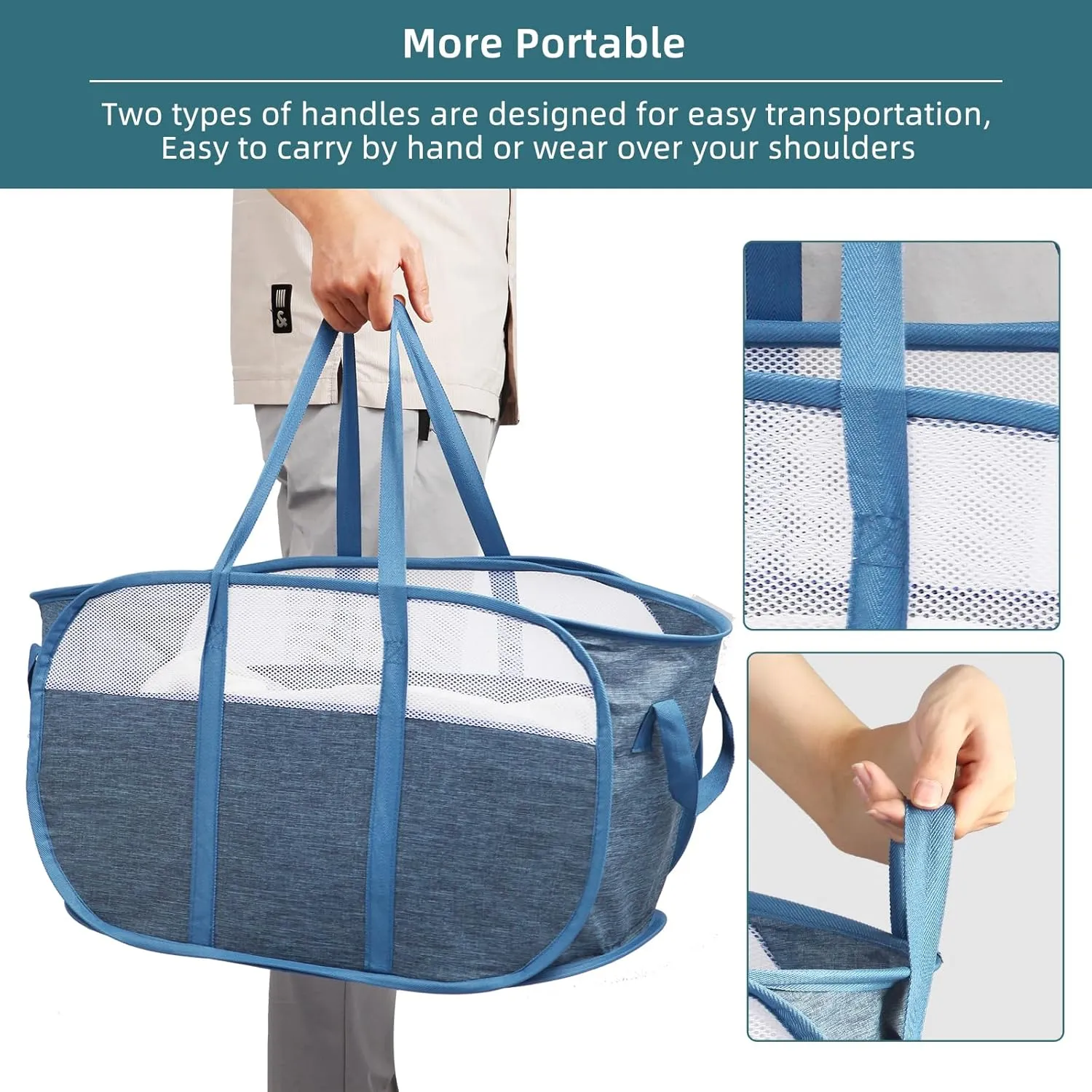 2 Pcs Collapsible Laundry Baskets, Tear Proof Pop Up Laundry Hamper with Dual Handles, Durable Foldable Laundry Basket, Easy to Carry Laundry Hamper for Home, Laundry Room, Bedroom, Dorm, Travel Blue
