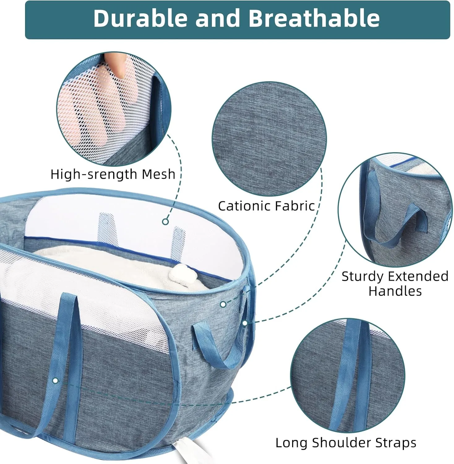 2 Pcs Collapsible Laundry Baskets, Tear Proof Pop Up Laundry Hamper with Dual Handles, Durable Foldable Laundry Basket, Easy to Carry Laundry Hamper for Home, Laundry Room, Bedroom, Dorm, Travel Blue