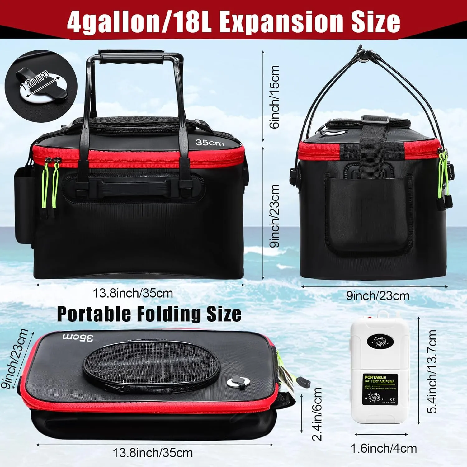 2 Pcs Fishing Bucket and Live Bait Aerator, 4 Gallon Foldable Multi Functional Live Bucket Portable Quiet Aerator Outdoor Camping Fishing EVA Bag