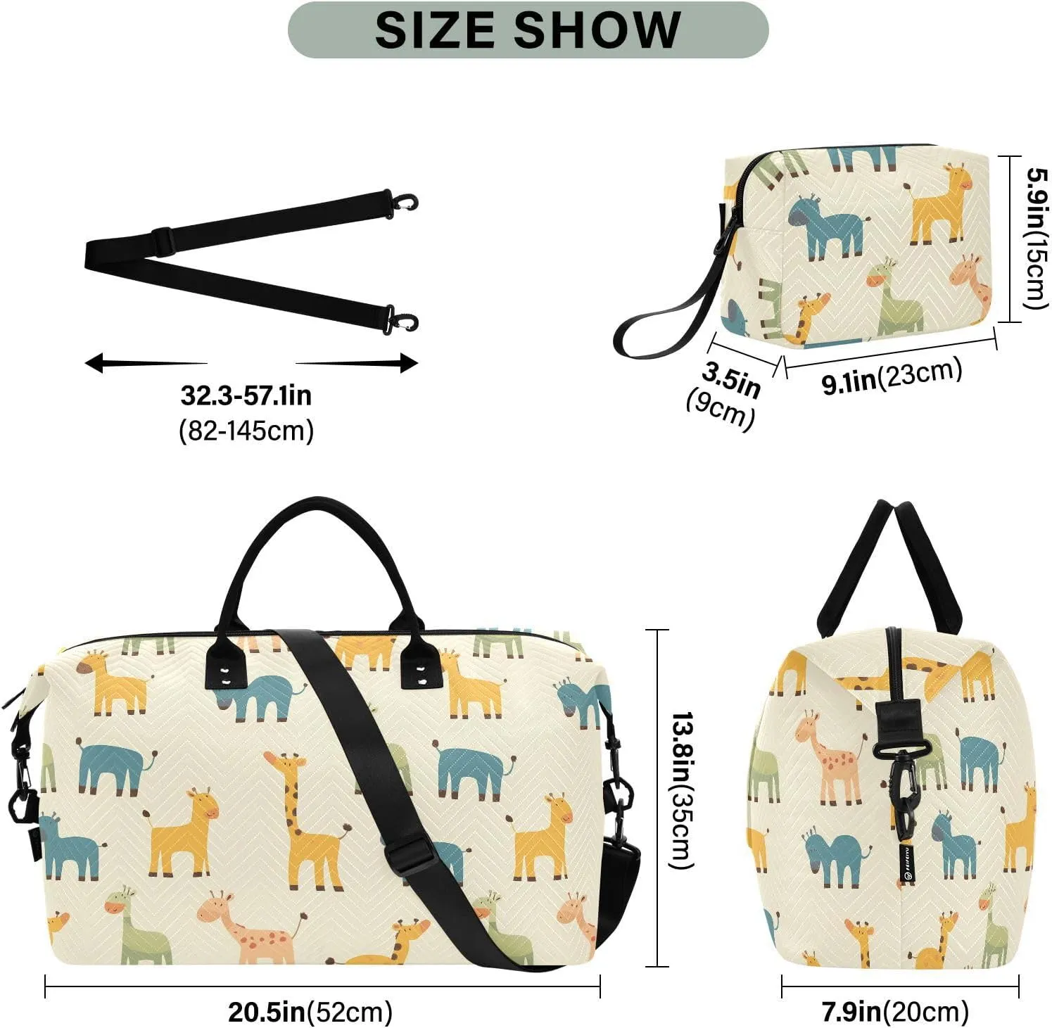 2-Piece Travel Organizer Set - Wave Quilted Expandable Duffel Bag with Detachable Toiletry Pouch, TSA-Compliant Carry-On for Gym/Camping/Airplane, Adorable Animals (2)