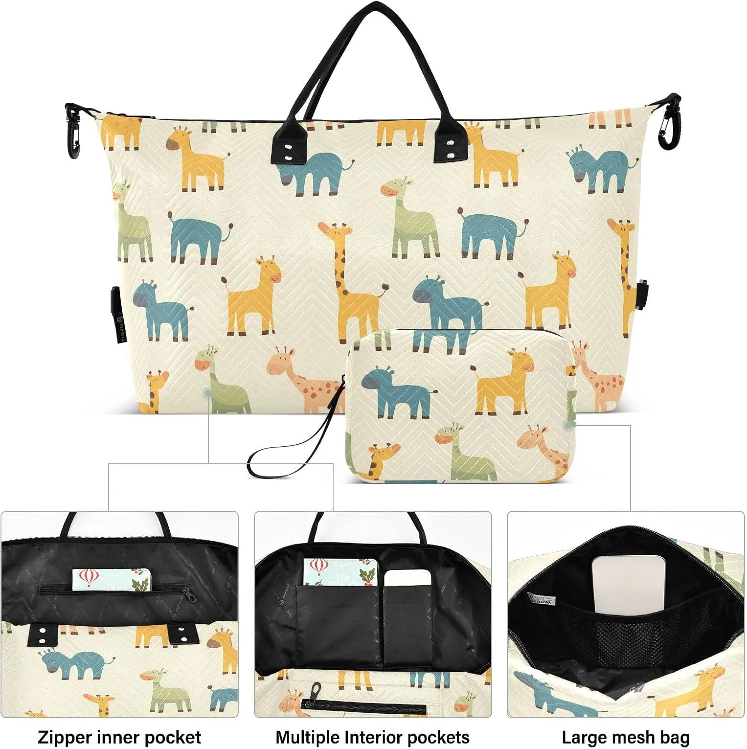 2-Piece Travel Organizer Set - Wave Quilted Expandable Duffel Bag with Detachable Toiletry Pouch, TSA-Compliant Carry-On for Gym/Camping/Airplane, Adorable Animals (2)