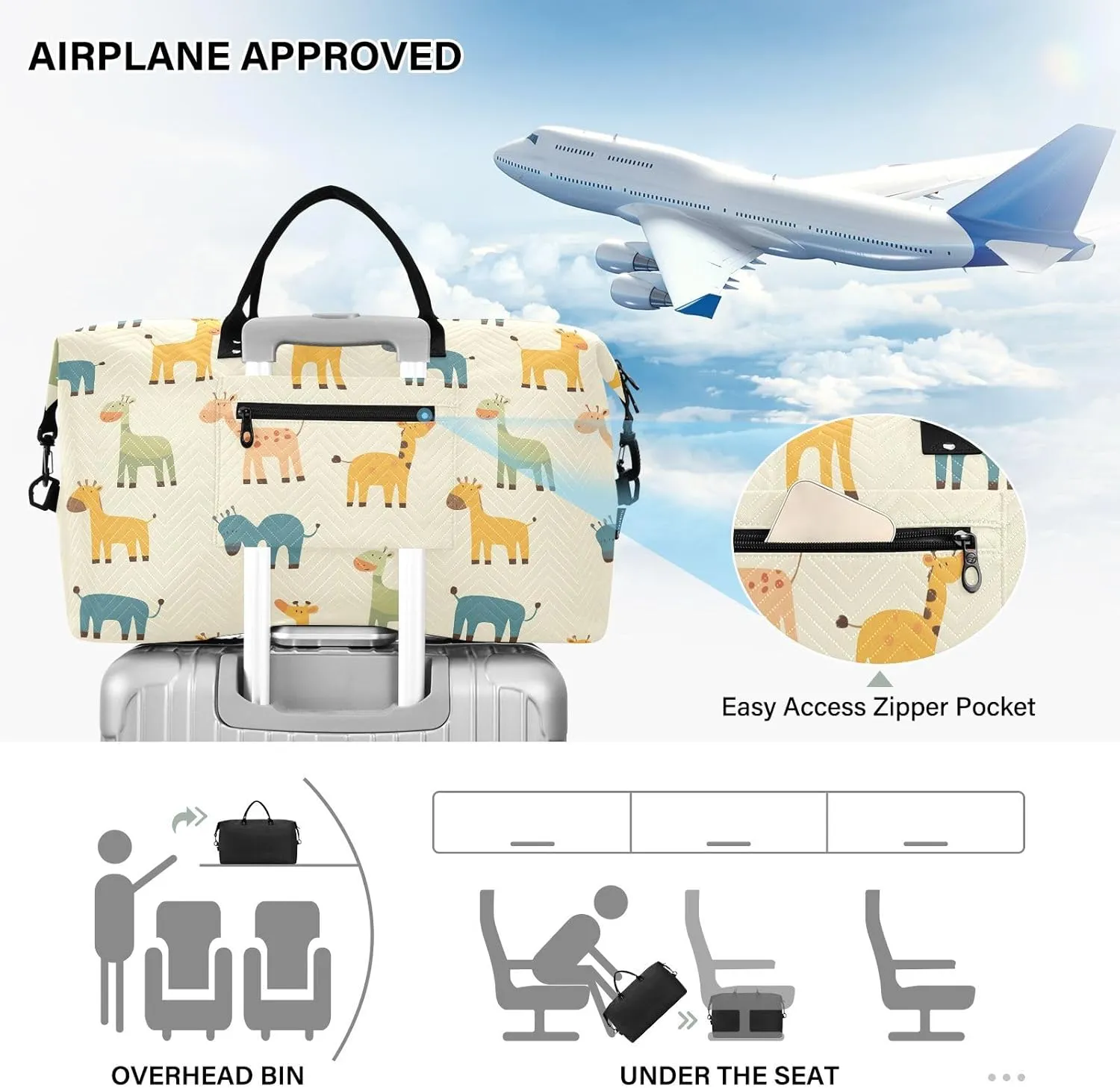 2-Piece Travel Organizer Set - Wave Quilted Expandable Duffel Bag with Detachable Toiletry Pouch, TSA-Compliant Carry-On for Gym/Camping/Airplane, Adorable Animals (2)