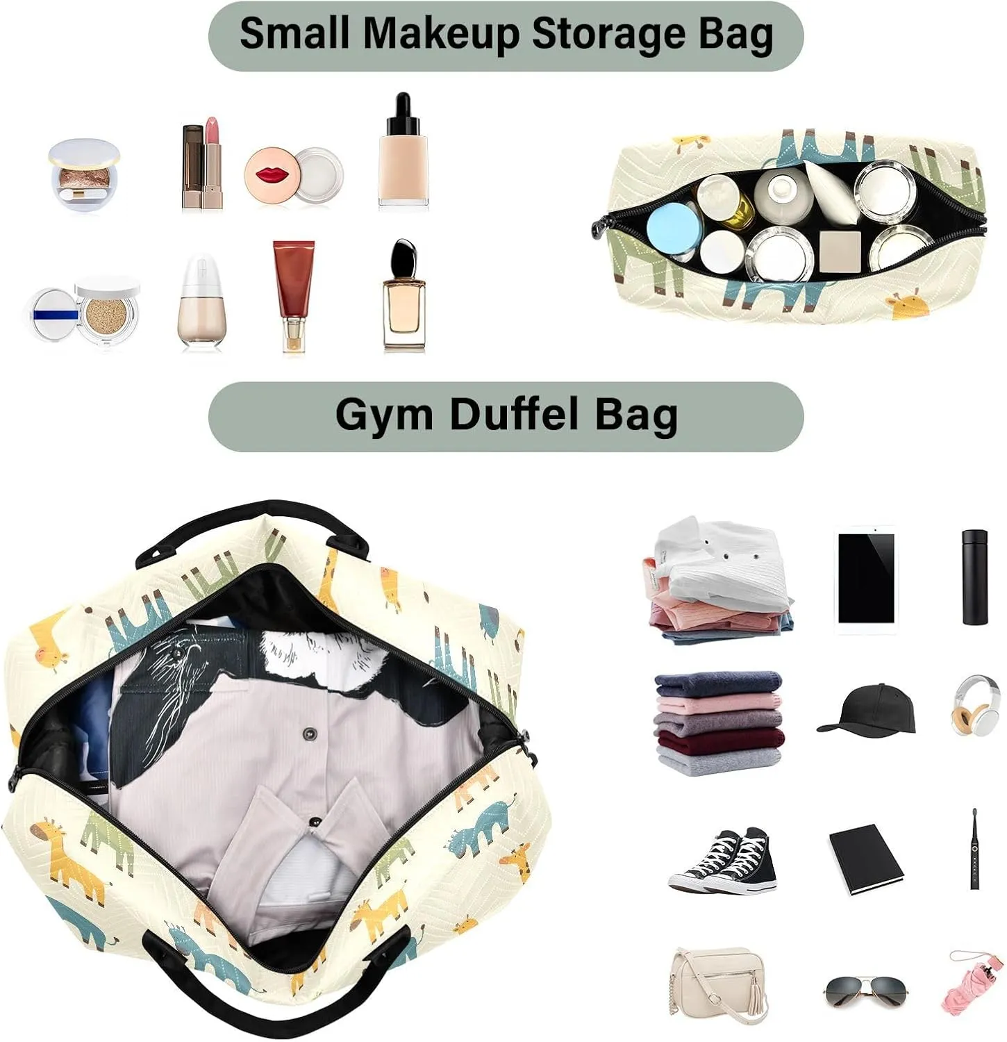 2-Piece Travel Organizer Set - Wave Quilted Expandable Duffel Bag with Detachable Toiletry Pouch, TSA-Compliant Carry-On for Gym/Camping/Airplane, Adorable Animals (2)