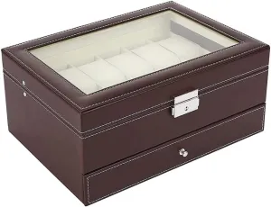2-Tier 12 Slots Watch and Jewelry Display Case Organizer Watch Box with Jewelry Display Tray Storage Box(D) (White patch Five)
