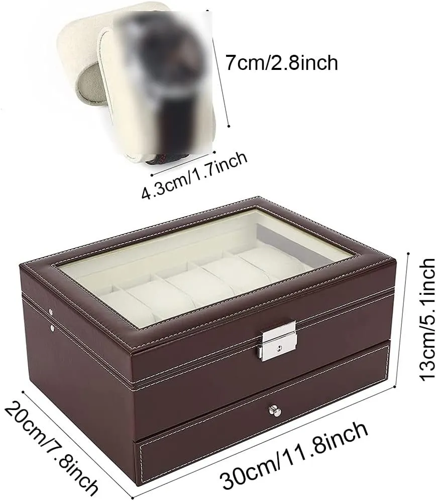 2-Tier 12 Slots Watch and Jewelry Display Case Organizer Watch Box with Jewelry Display Tray Storage Box(D) (White patch Five)