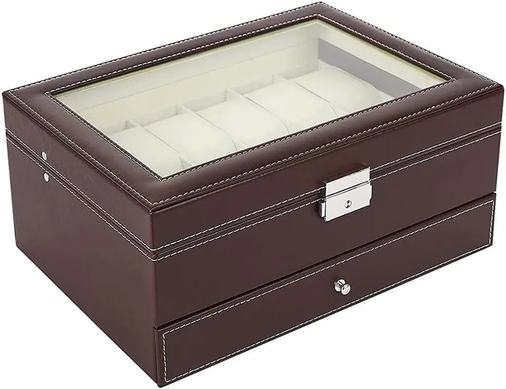 2-Tier 12 Slots Watch and Jewelry Display Case Organizer Watch Box with Jewelry Display Tray Storage Box(D) (White patch Five)